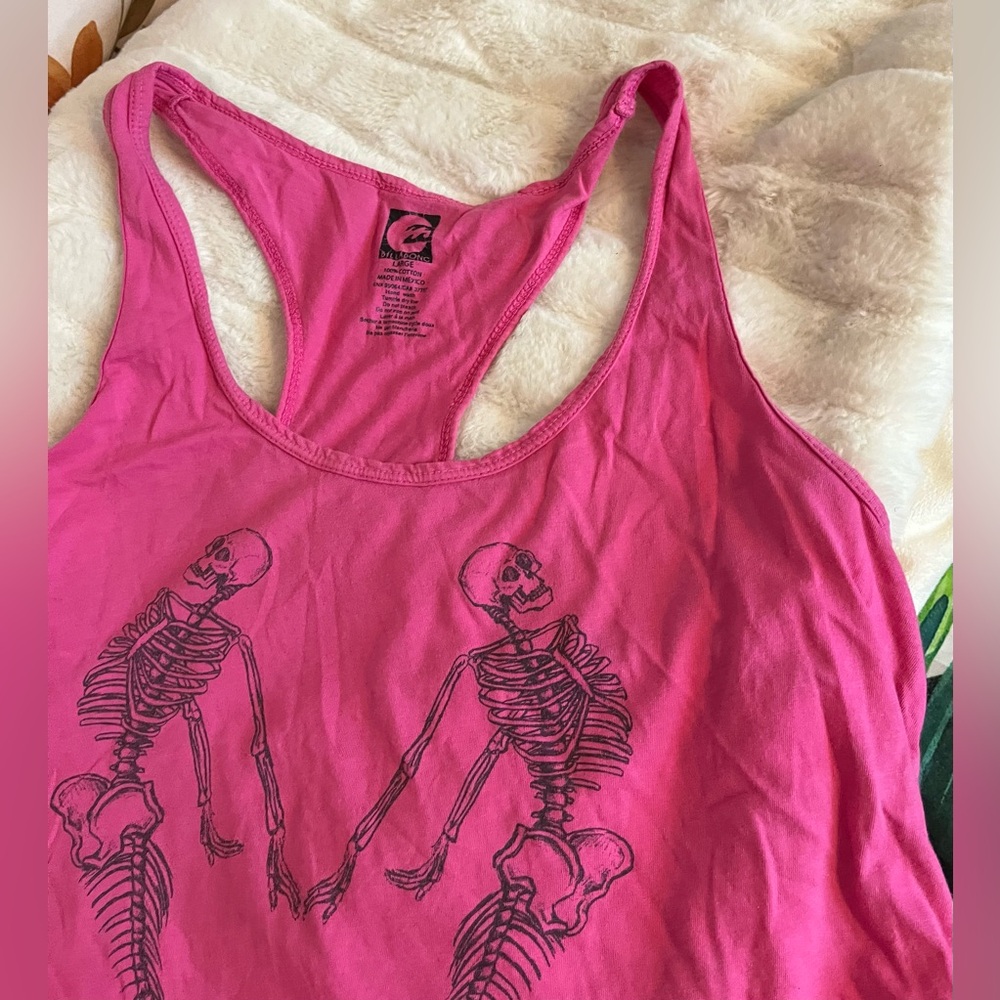 Billabong Women Jr L Tank Hot Pink Skeleton Mermaid Graphic Heart Beach Surfer